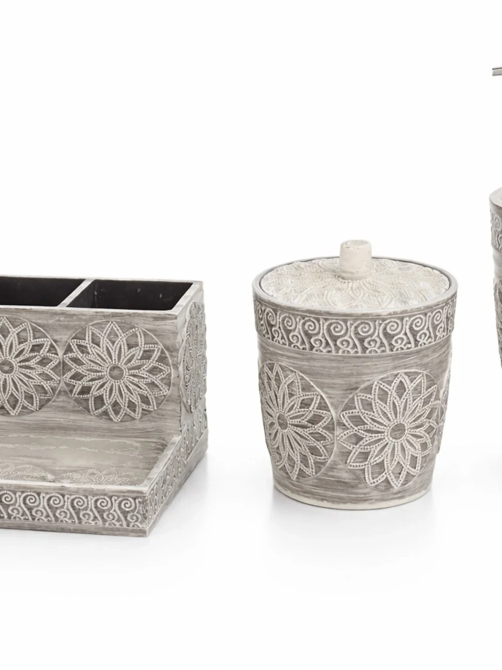 Carved Floral Ceramic Canister and Organizer Set in Weathered Gray